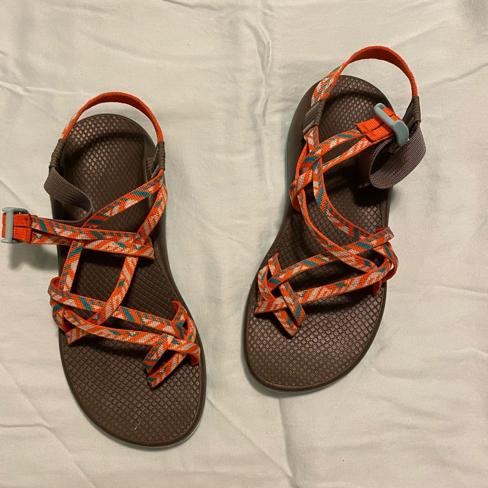 Orange and brown Chacos